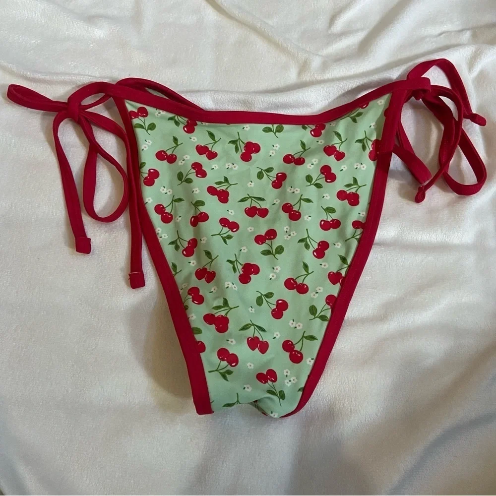 New! Frankie’s Bikinis x Pink Cherry Print Bikini Bottom green 1546